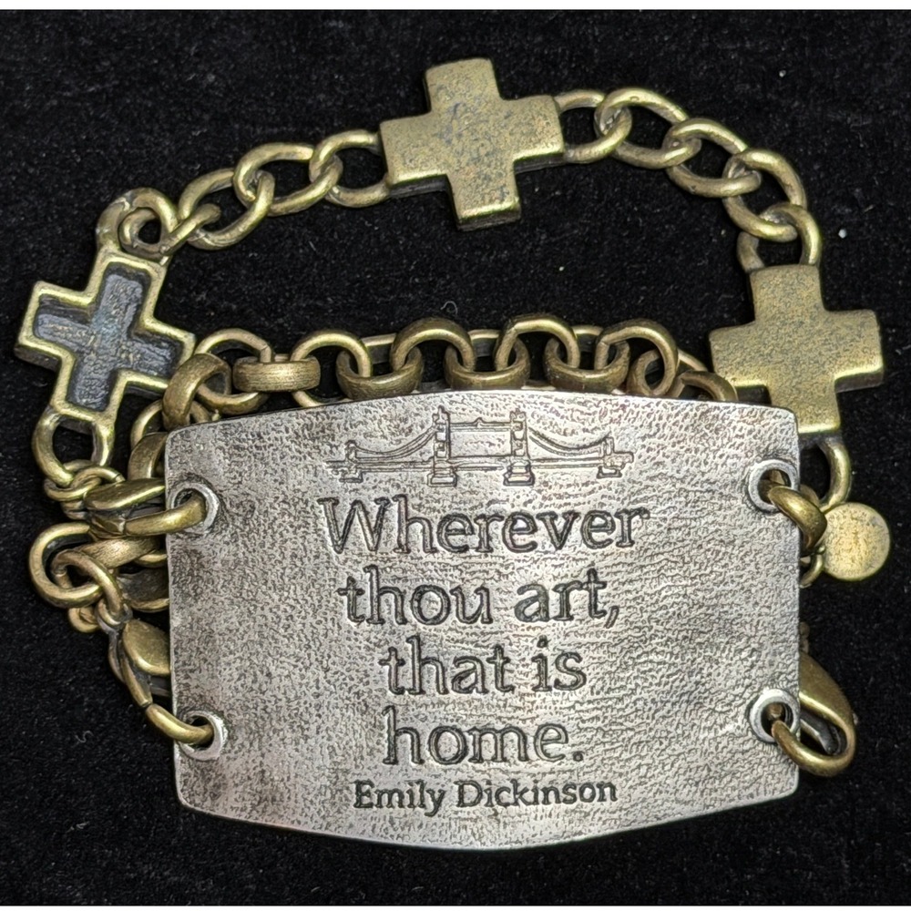 Emily Dickinson-Quote Cross Charm, Double Strand Bracelet, Brass/Silver